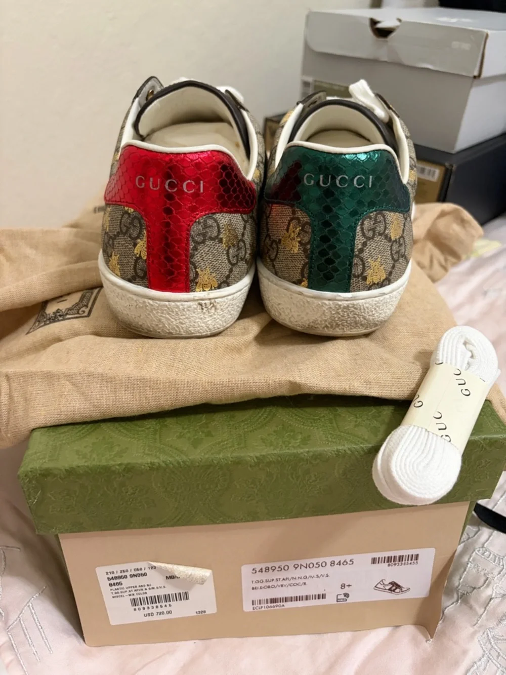 GG Supreme Monogram Bees Ayers Web Ace Sneakers Beige Oro Green Red - Picture 4 of 8